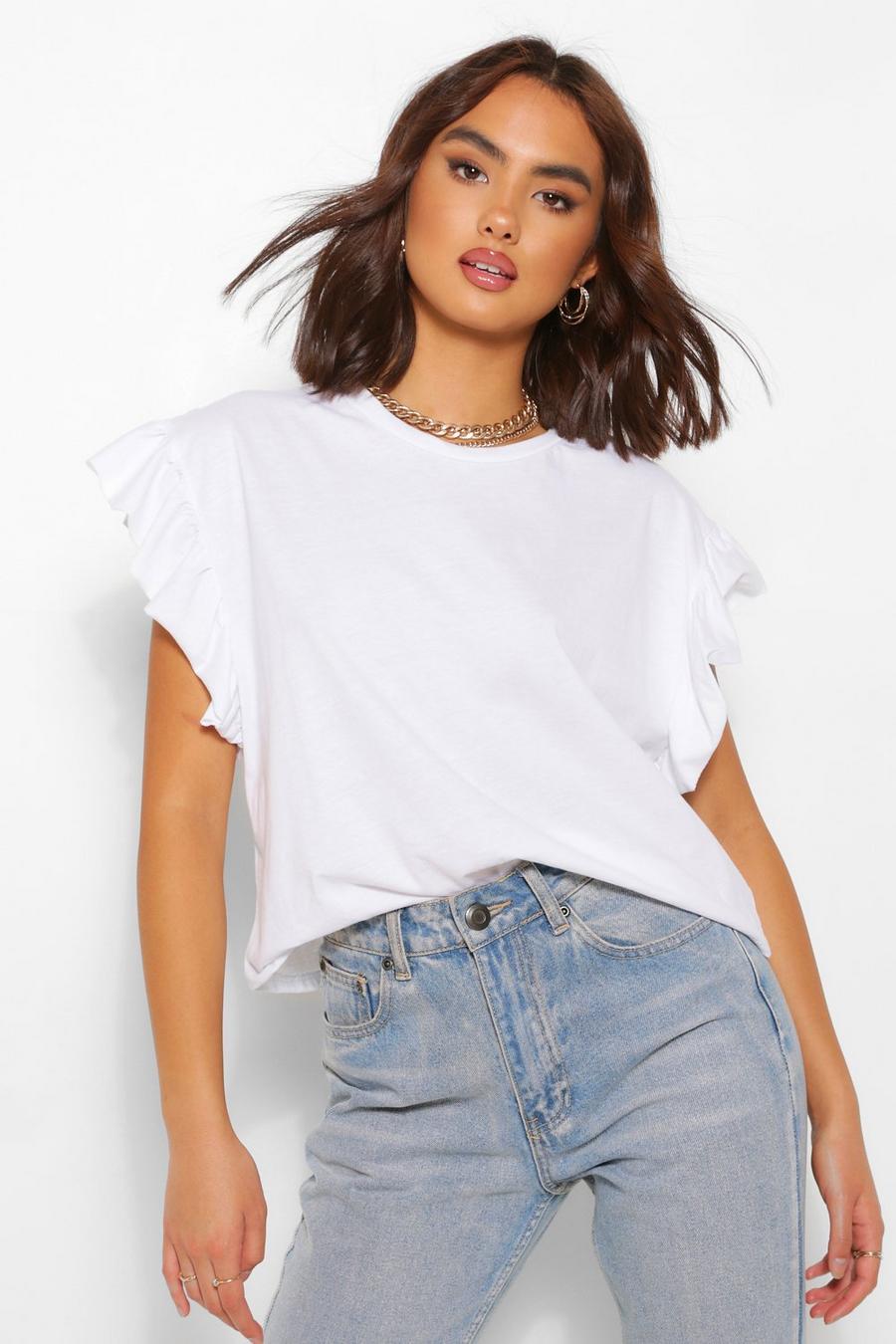 White Ruffle Sleeve Jersey Knit Tee image number 1