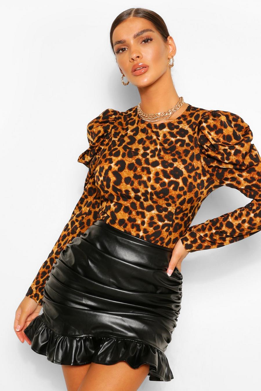 Multi Woven Leopard Volume Sleeve Top & PU Skirt Co-ord image number 1