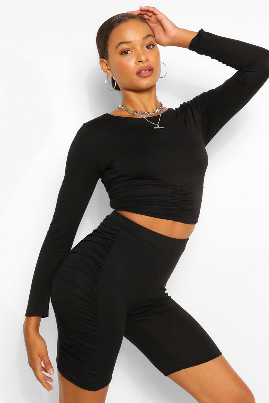 Black Ruched Detail Long Sleeve Top&Biker Shorts Two-Piece image number 1