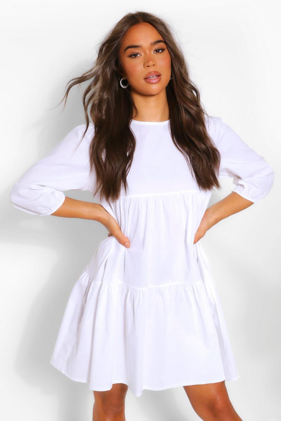 White Tiered Cotton Smock Dress image number 1