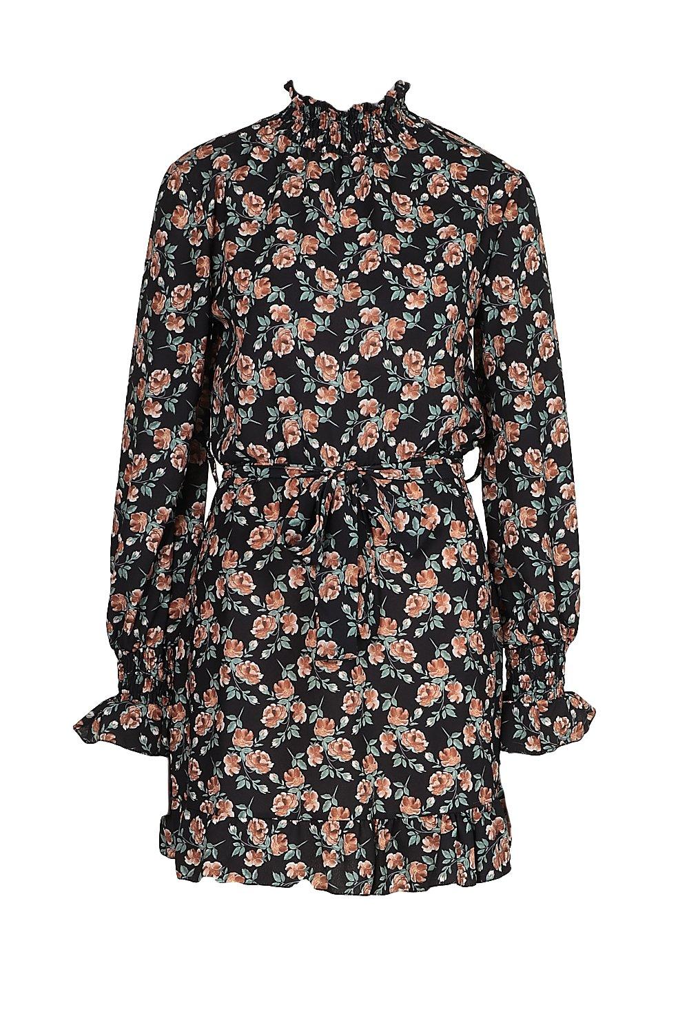 Floral High Neck Tie Belt Smock Dress