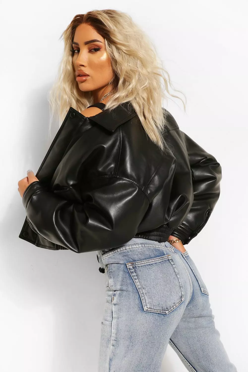 Puffy leather bomber clearance jacket