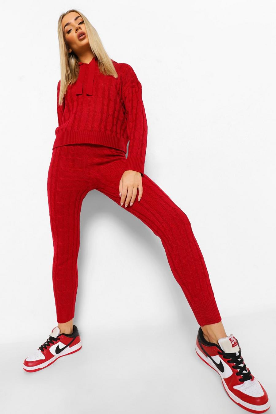 Berry red Chunky Cable Knitted Co-ord image number 1