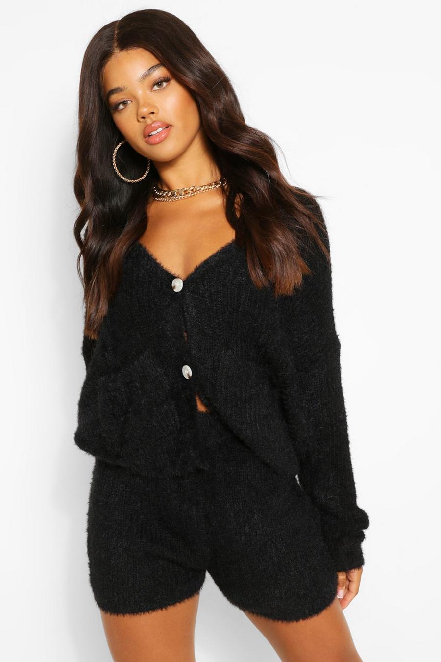 Black Premium Fluffy Knit Cardigan Two-Piece image number 1