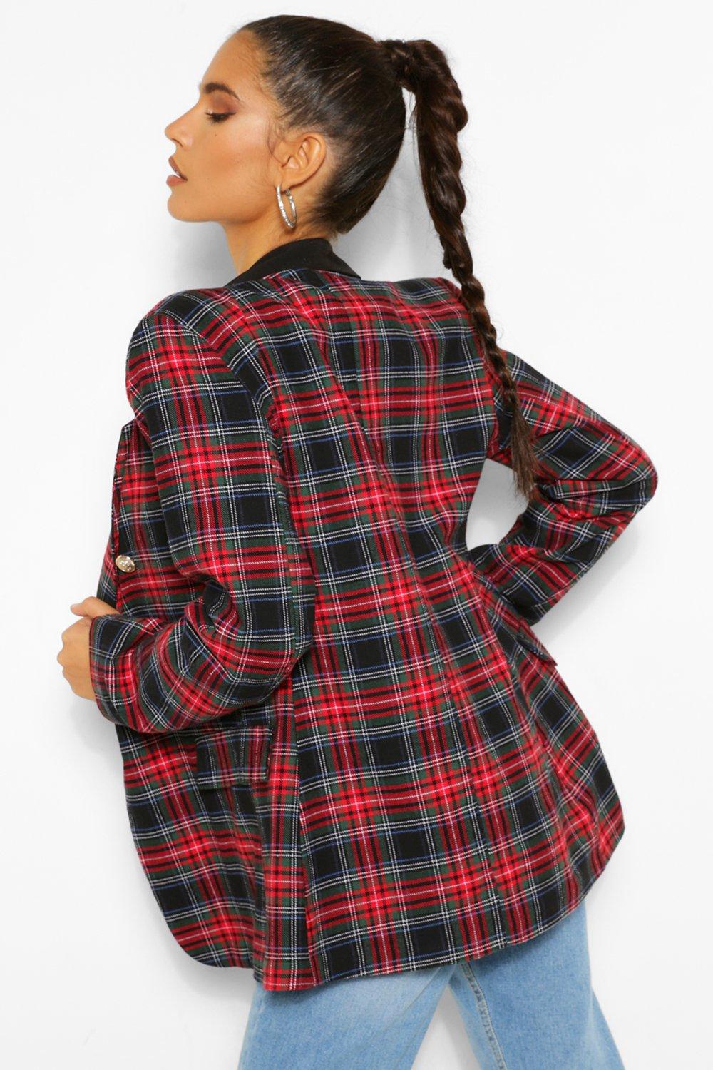 Contrast Collar Tartan Blazer