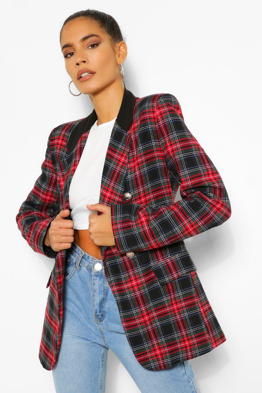 Red tartan blazer on sale womens