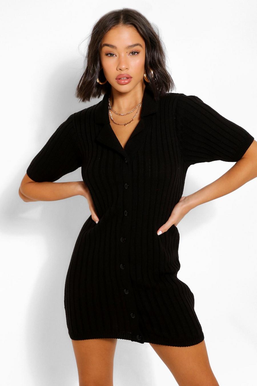 Black Chunky Rib Collar Knitted Dress image number 1