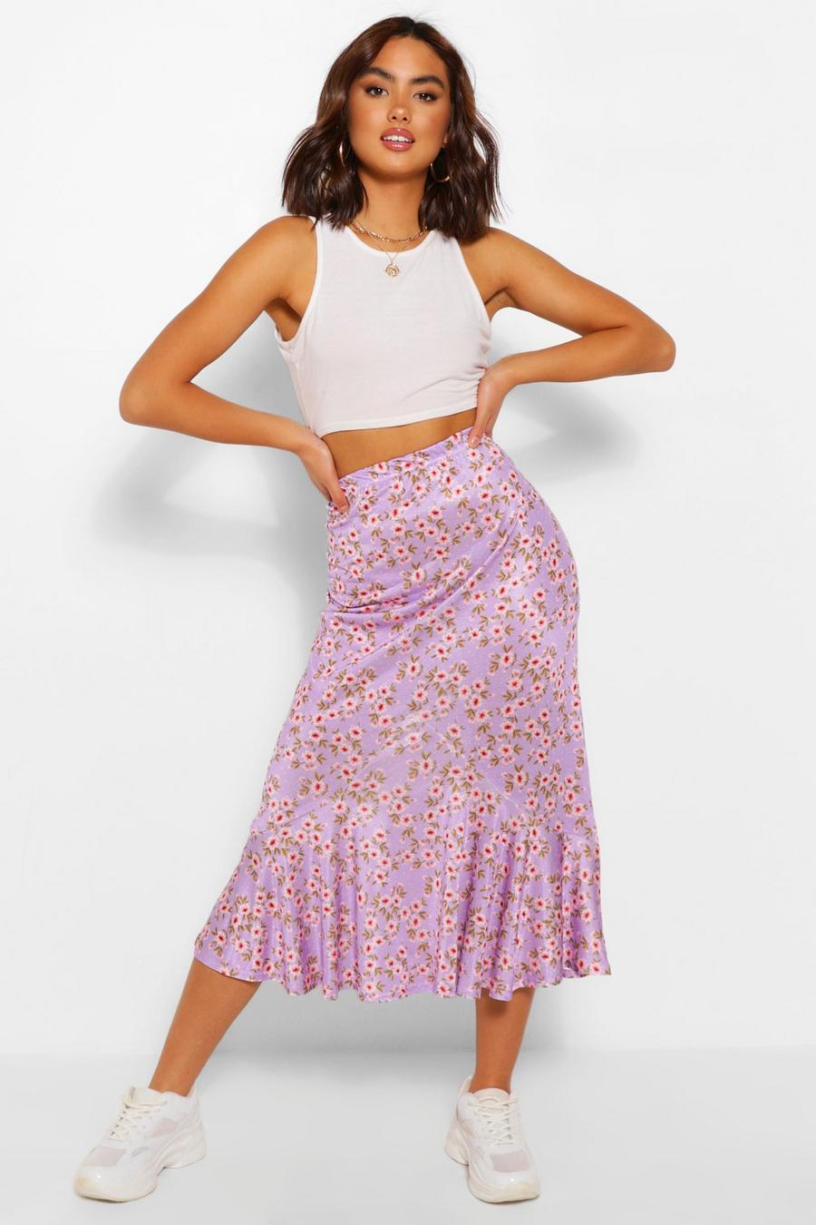 Lilac Floral Drop Hem Floaty Midi Skirt image number 1