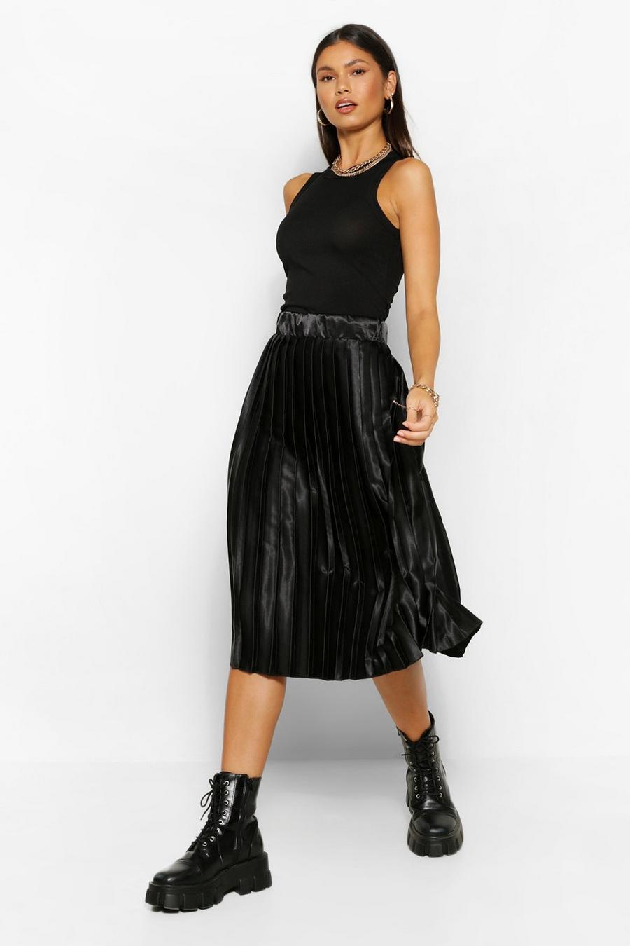 Black Satin Pleated Woven Floaty Skirt image number 1