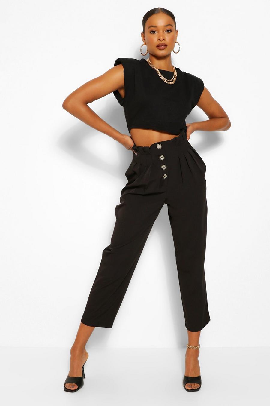 Black Button Front Paperbag Waist Woven Pants image number 1