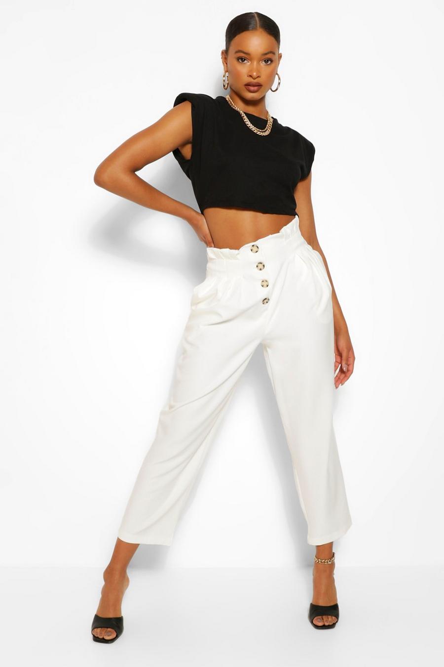 Ecru Button Front Paperbag Waist Woven Pants image number 1