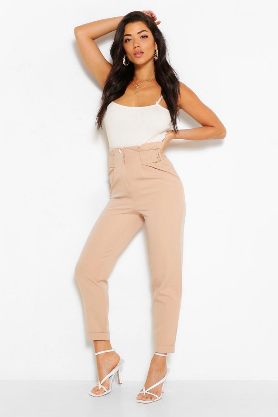Beige beis Buckle Waist Straight Leg Woven Trousers image number 1