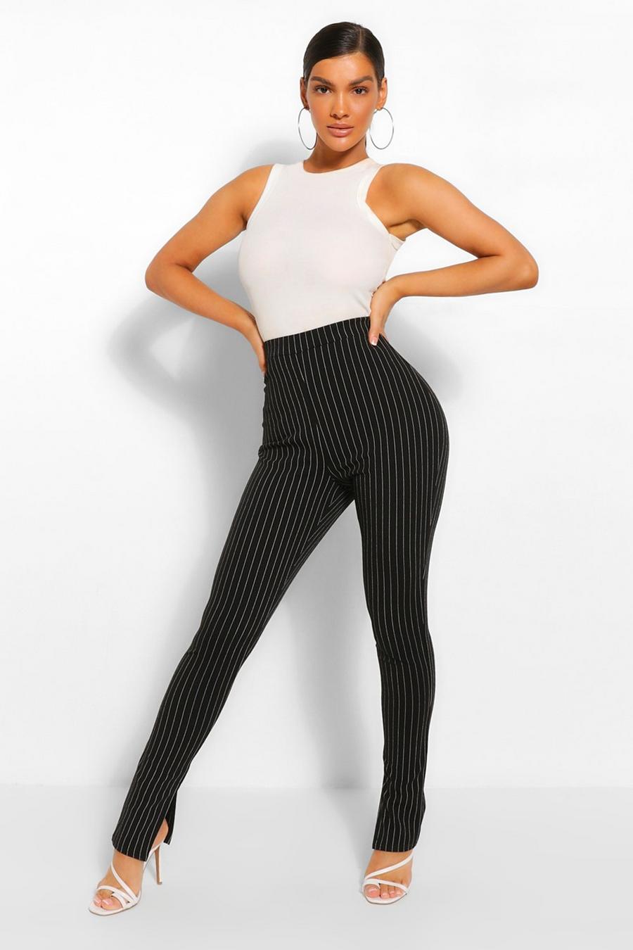 Black Pinstripe Split Hem Long Line Slim Fit Trousers image number 1