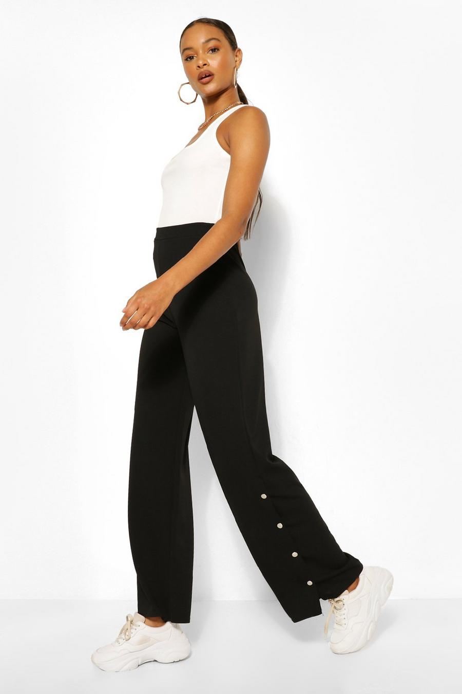 Black Popper Side Wide Leg Casual Trousers image number 1