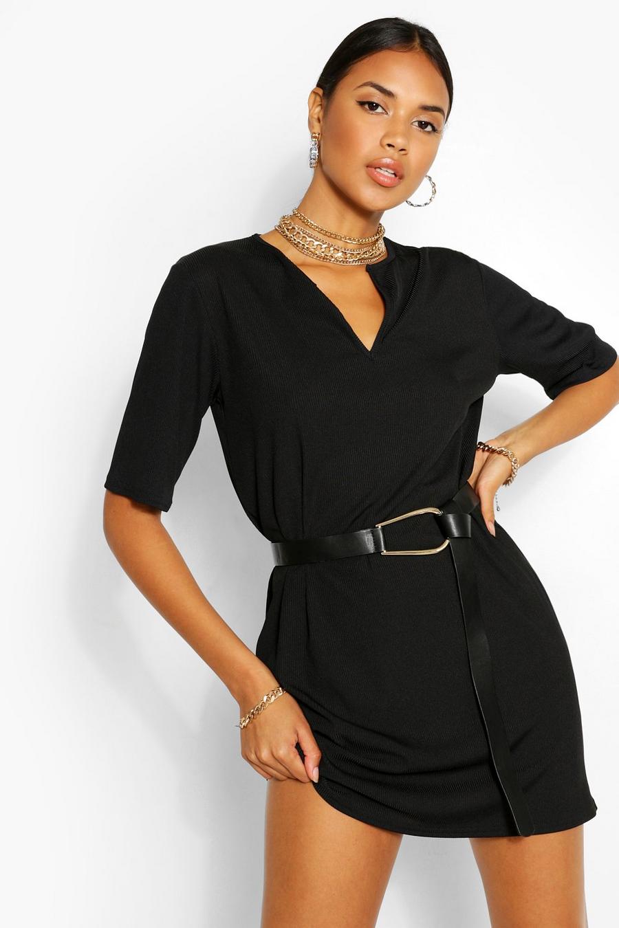 שחור שמלת טישרט ארוגה עם שסע בצווארון image number 1