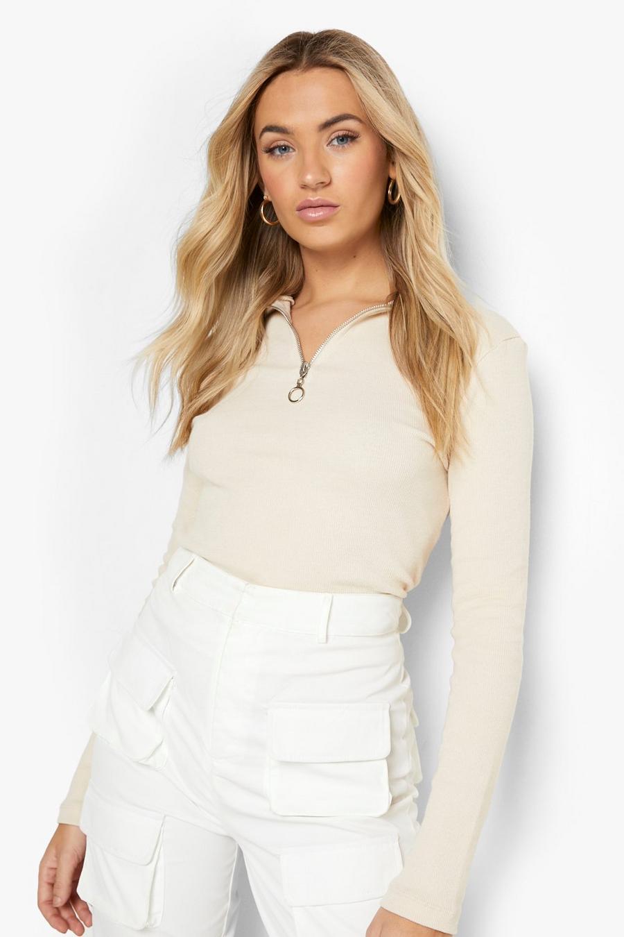 Stone beige Zip Front Long Sleeve Ribbed Top
