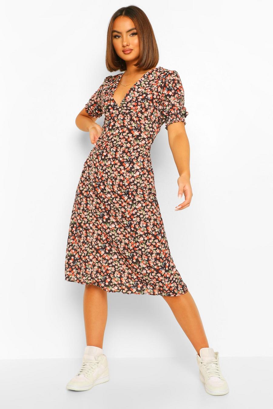 Black Ditsy Print Midi Tea Dress image number 1