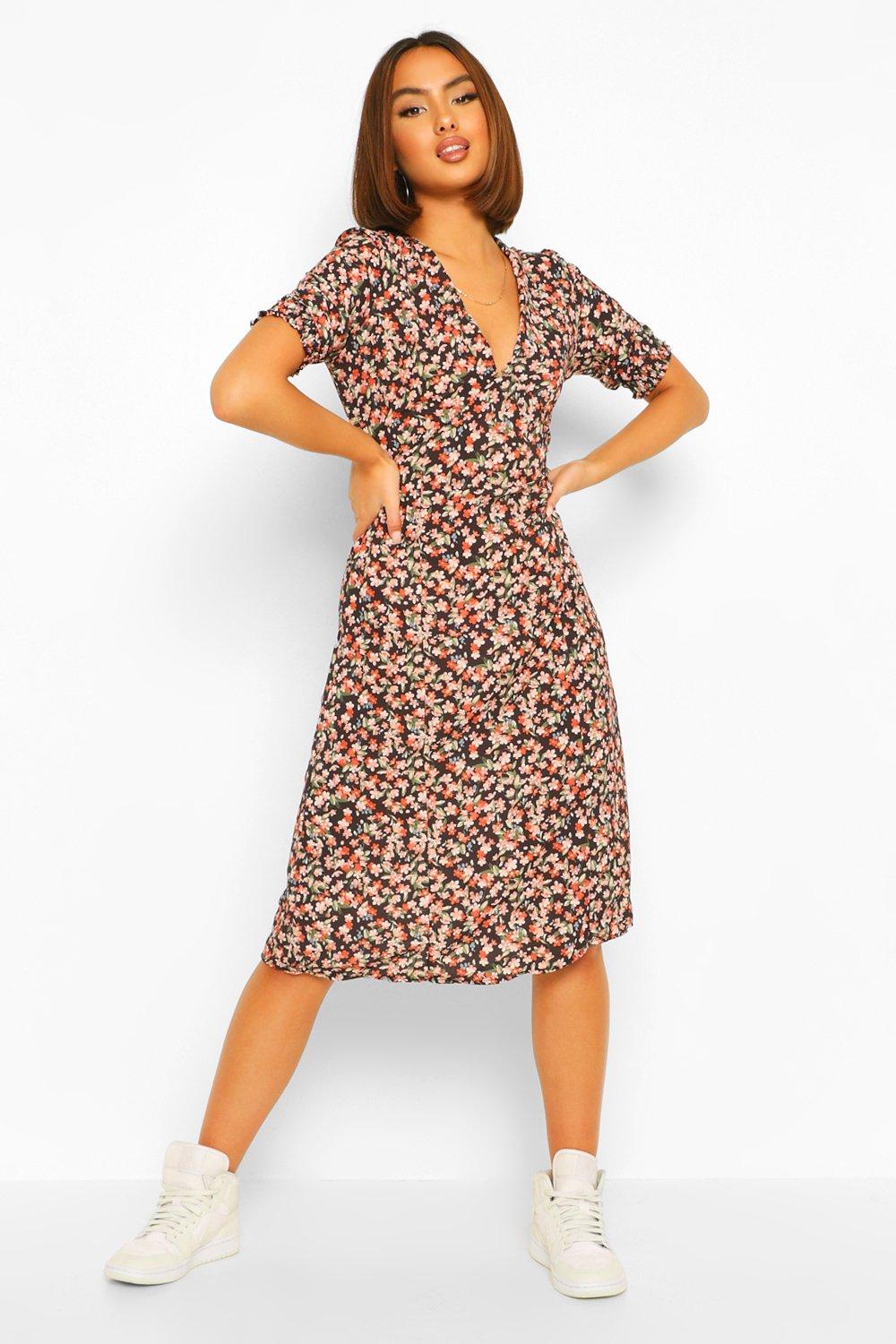 Robe retro coupe mi longue imprime petites fleurs boohoo FR