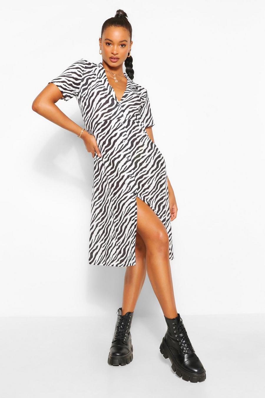 Black Zebra Print Shirt Style Midi Dress image number 1