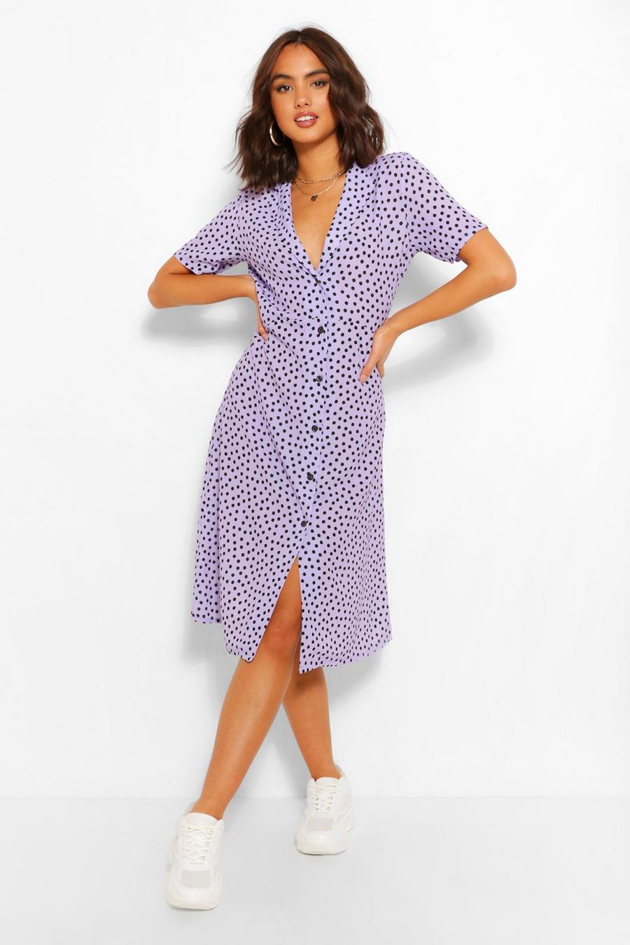 Lilac Polka Dot Shirt Style Midi Dress image number 1