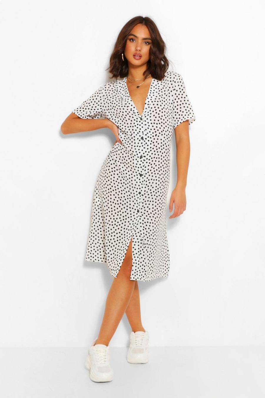 White Polka Dot Shirt Style Midi Dress image number 1