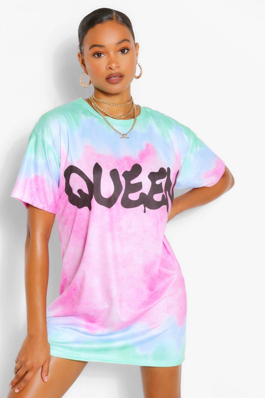Vestido estilo camiseta ancha desteñido con eslogan Queen image number 1