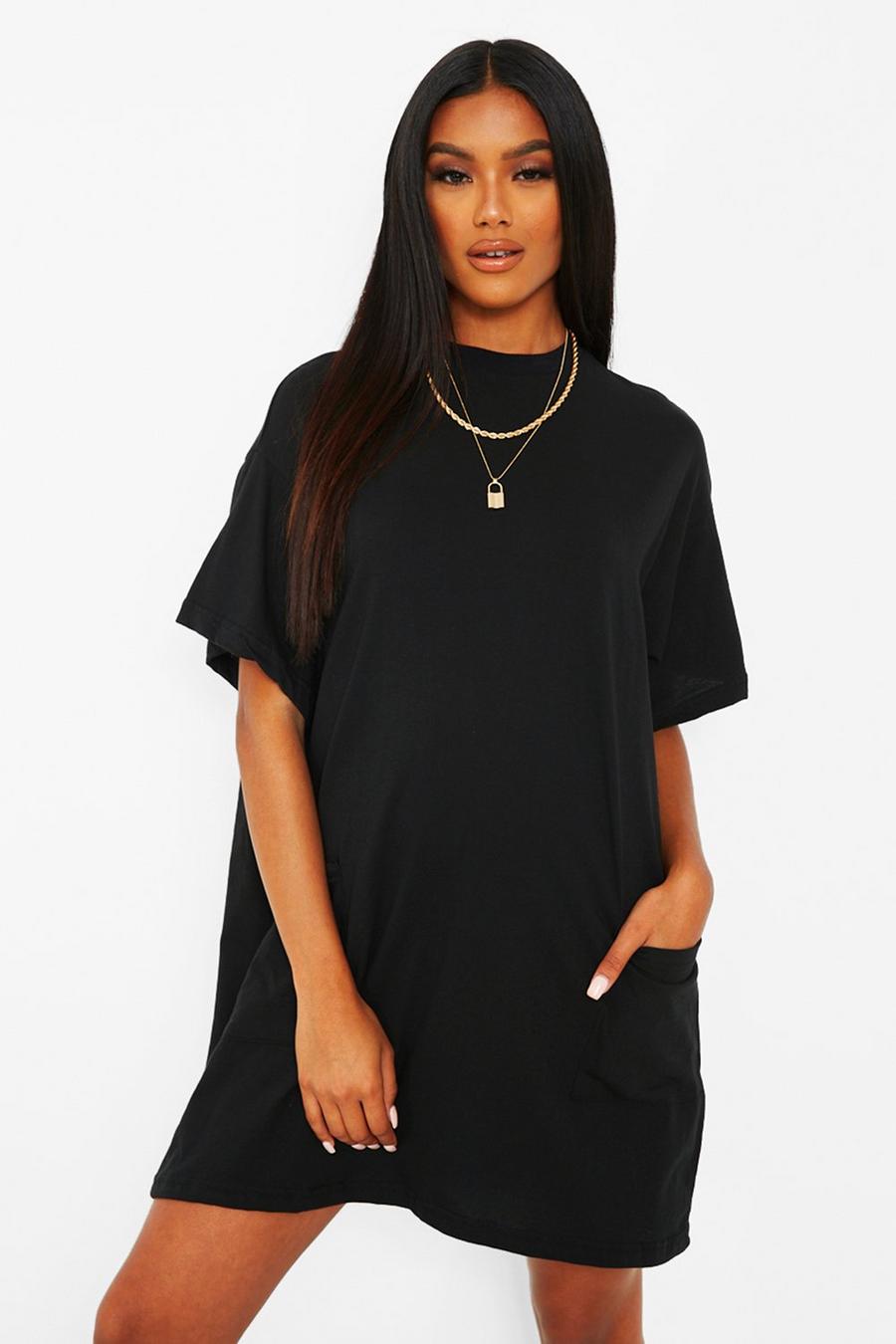 Black Basic Pocket Detail Oversized T-Shirt Dress image number 1