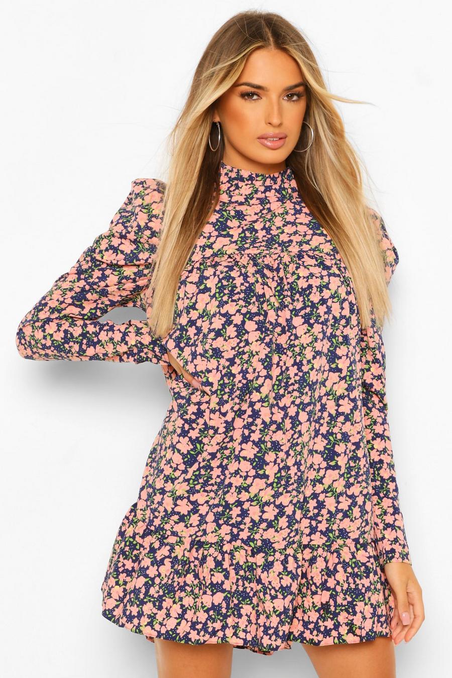 Floral Puff Sleeve Ruffle Neck Smock Dress image number 1
