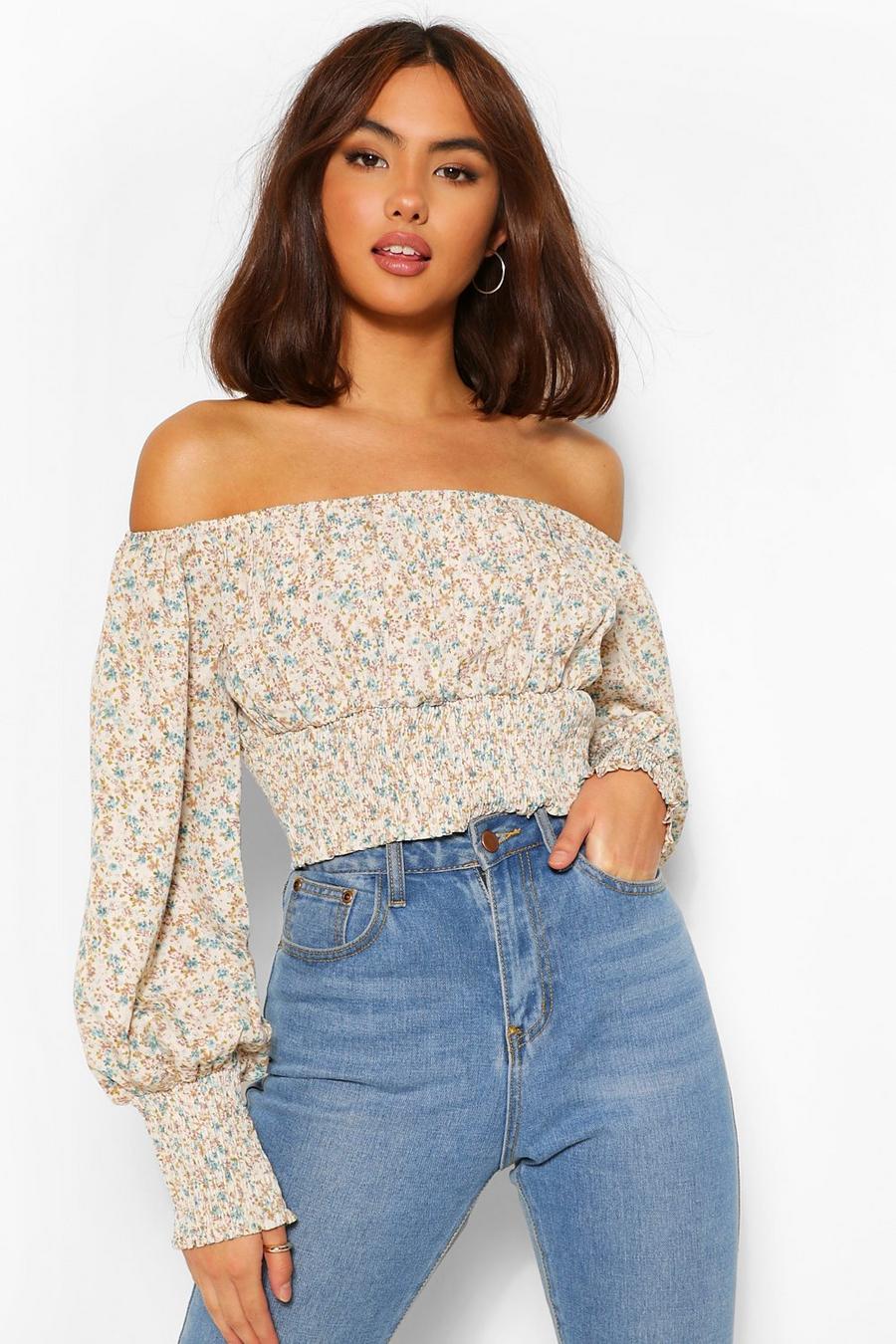 Stone Woven floral off the shoulder top image number 1