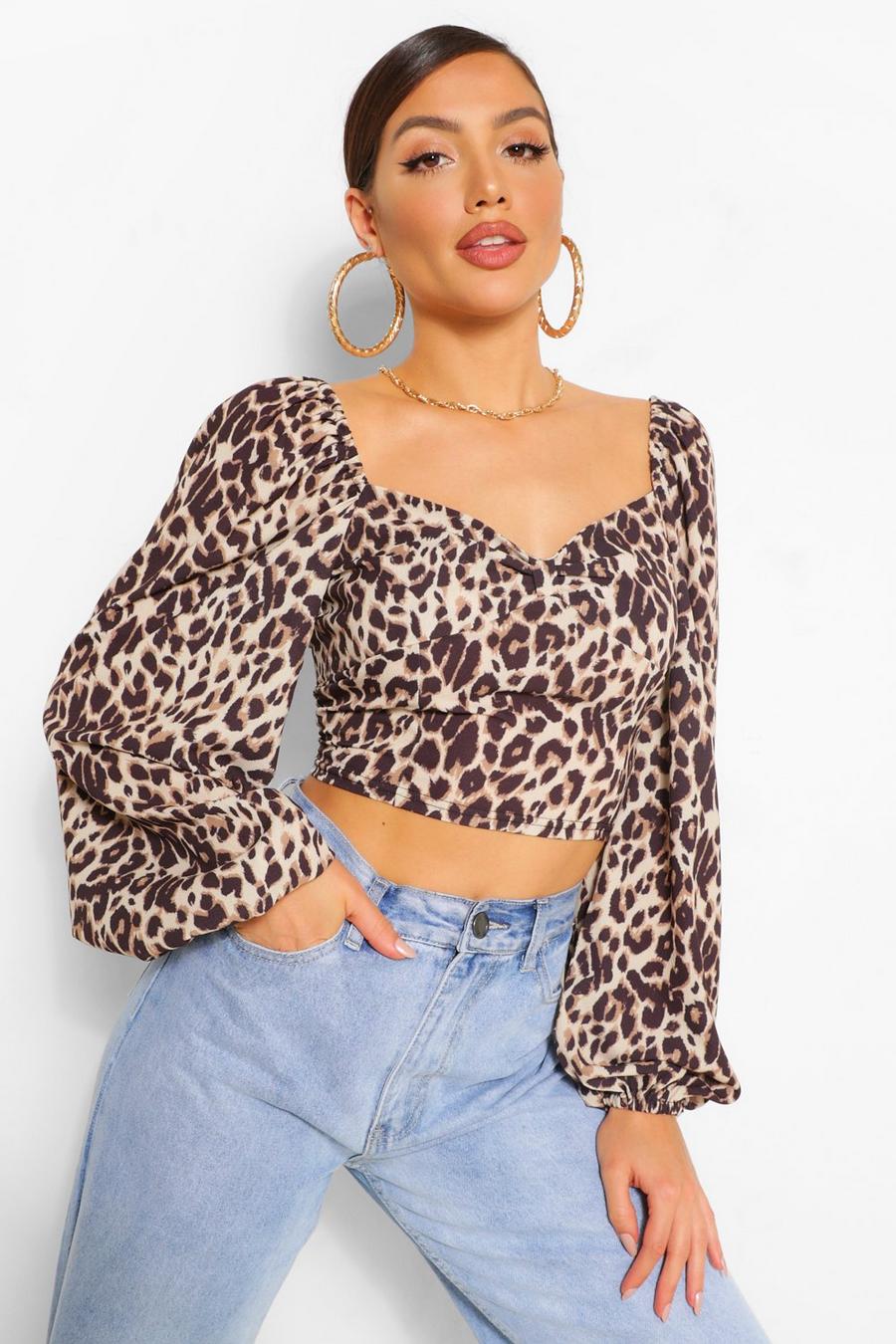 LEOPARD WOVEN PUFF SLEEVE TOP image number 1