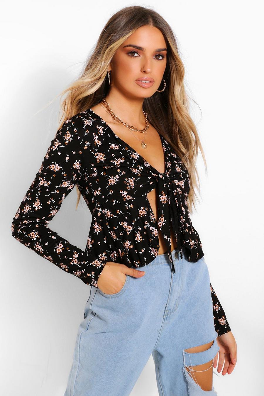 Black DITSY FLORAL TIE FRONT LONG SLEEVE TOP image number 1