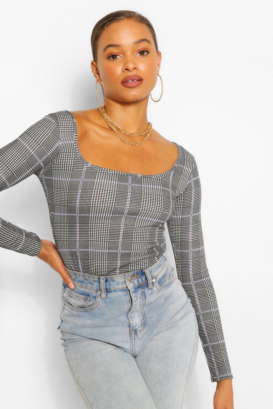Black CHECK SQUARE NECK LONG SLEEVE TOP image number 1