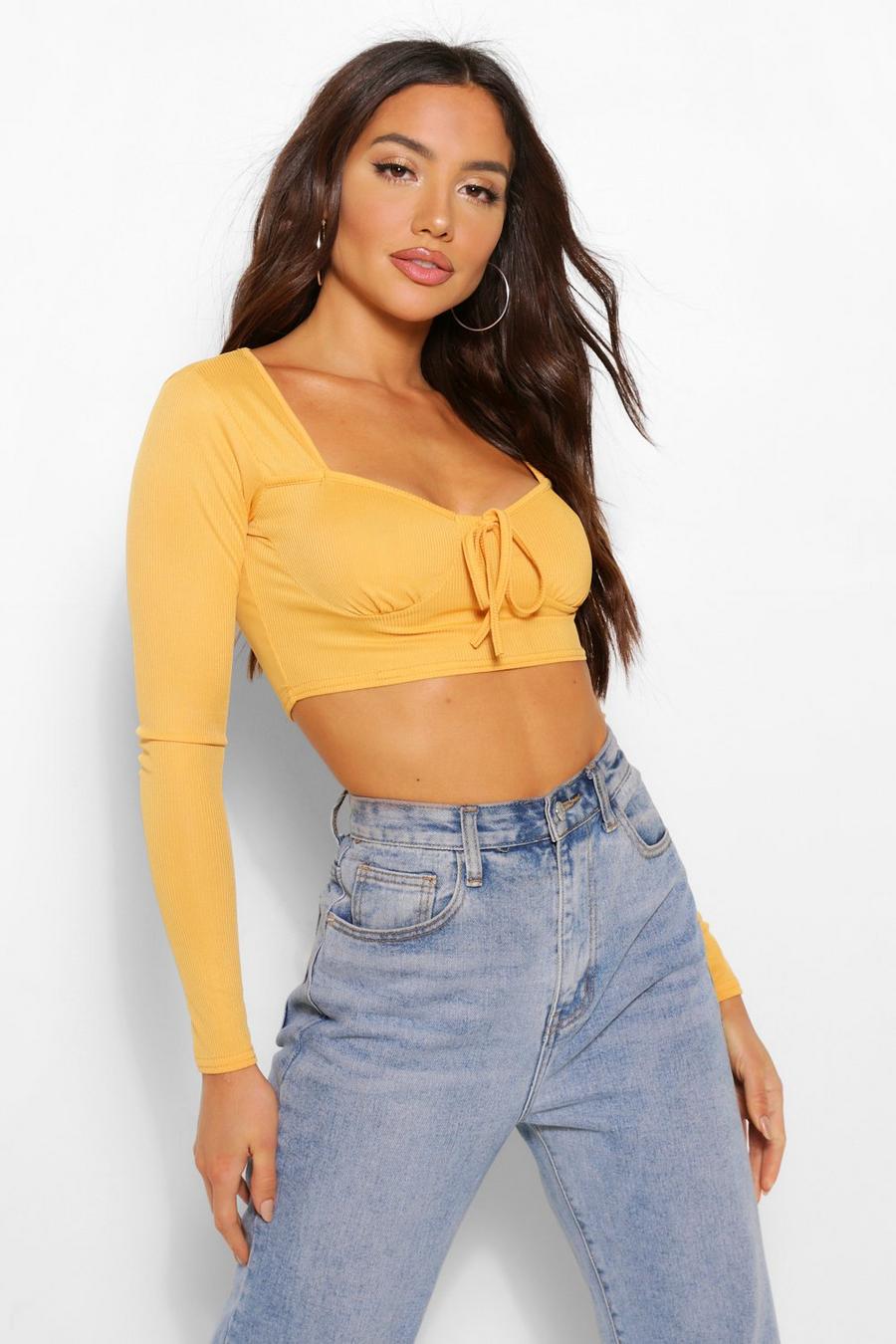 Mustard TIE FRONT SWEETHEART RIB LONG SLEEVE CROP image number 1