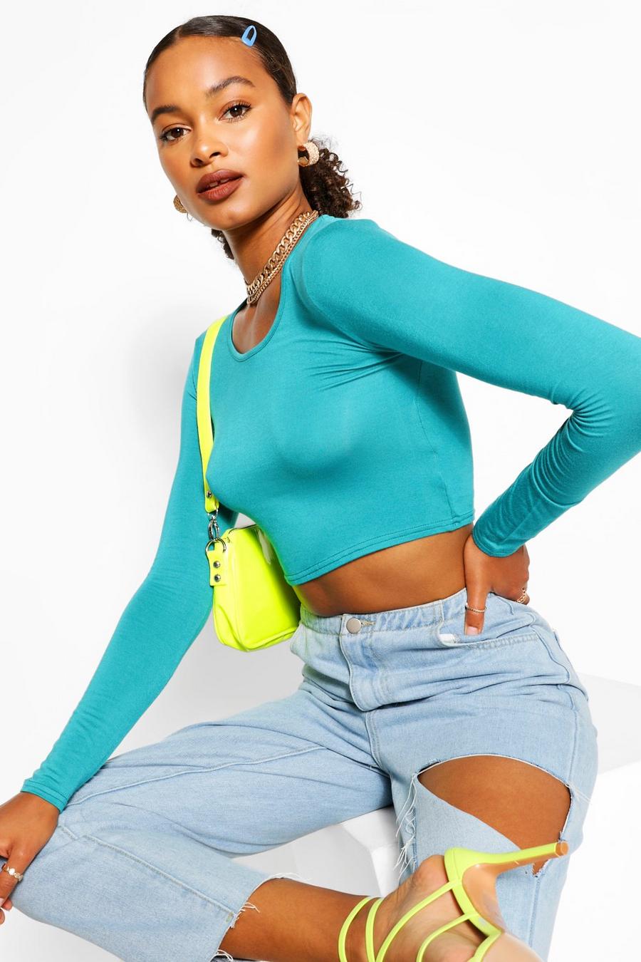 Turquoise Basic Long Sleeve Crop Top image number 1
