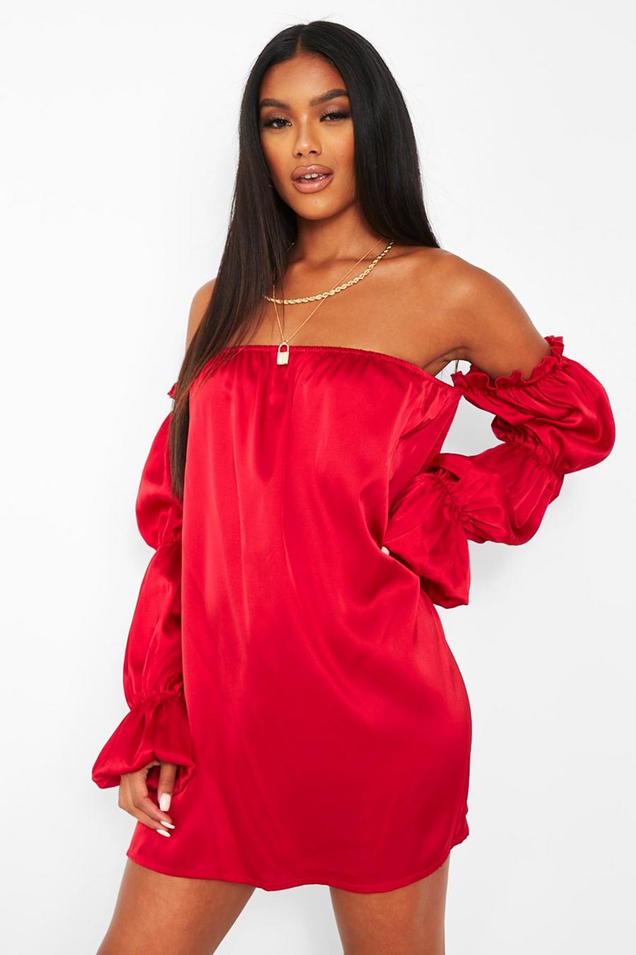 Red Satin Puff Sleeve Smock Dress image number 1