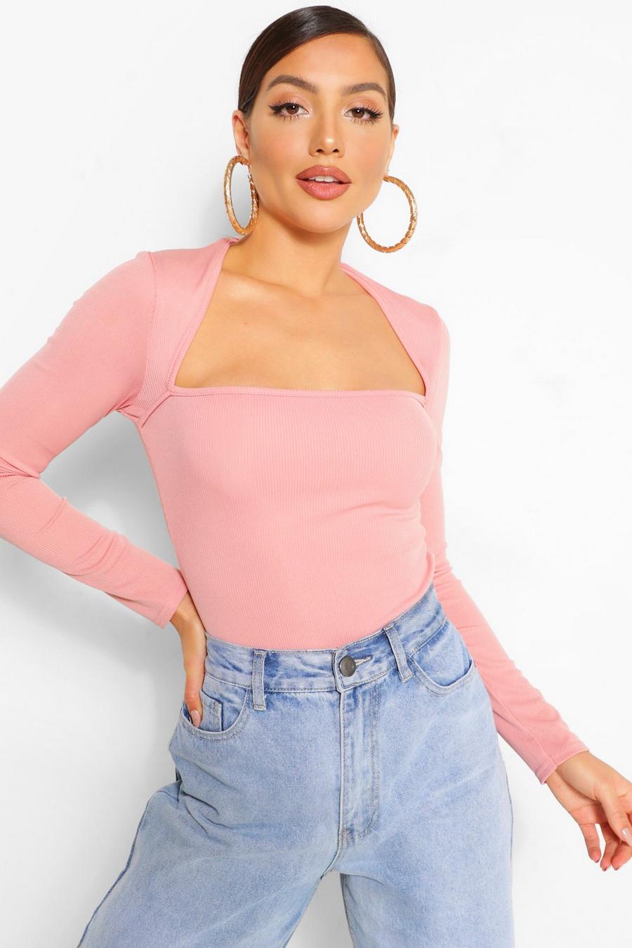 Peach Ribbed Square Neck Top image number 1