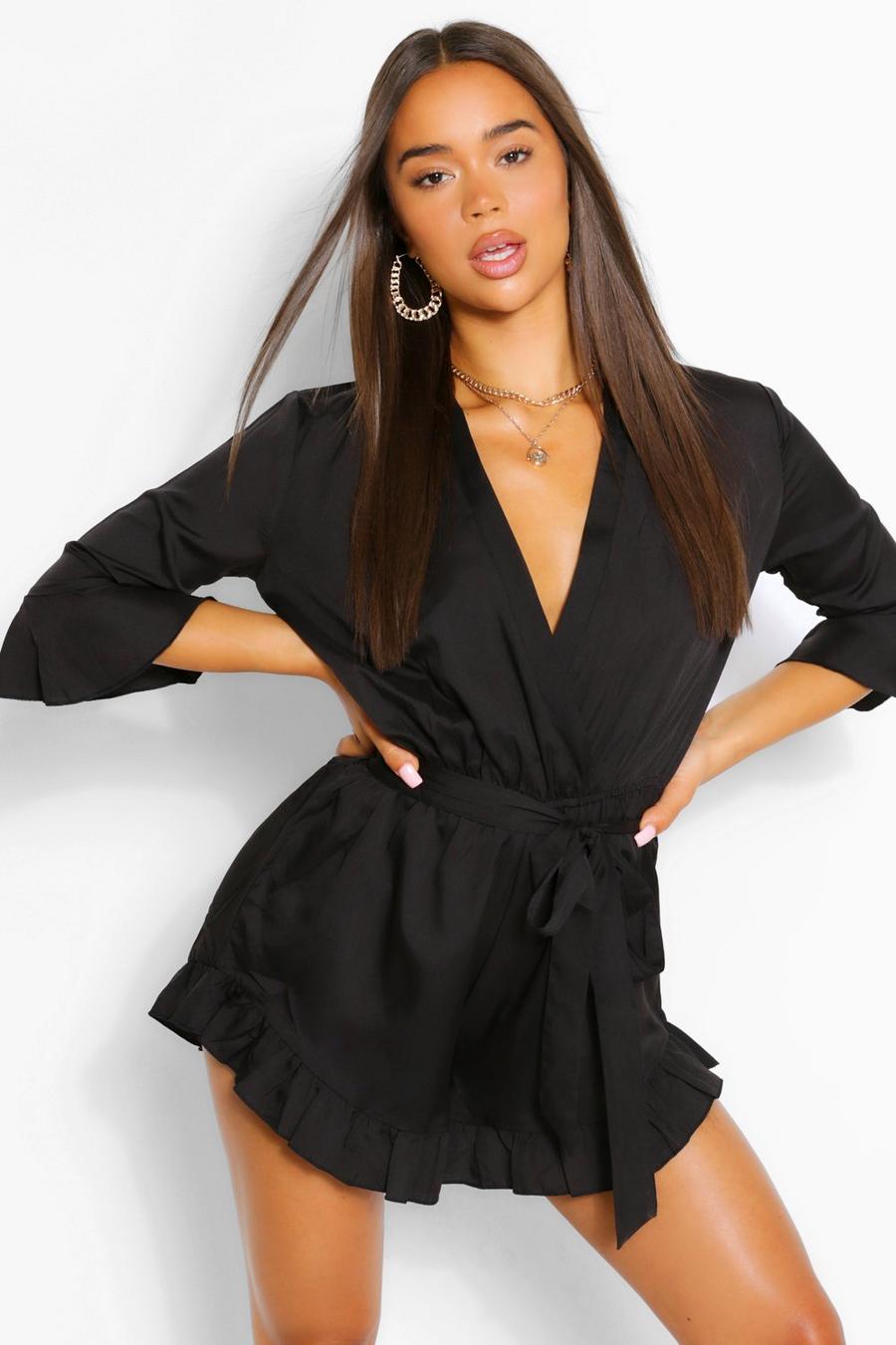 Black Wrap Belted Woven Ruffle Playsuit image number 1