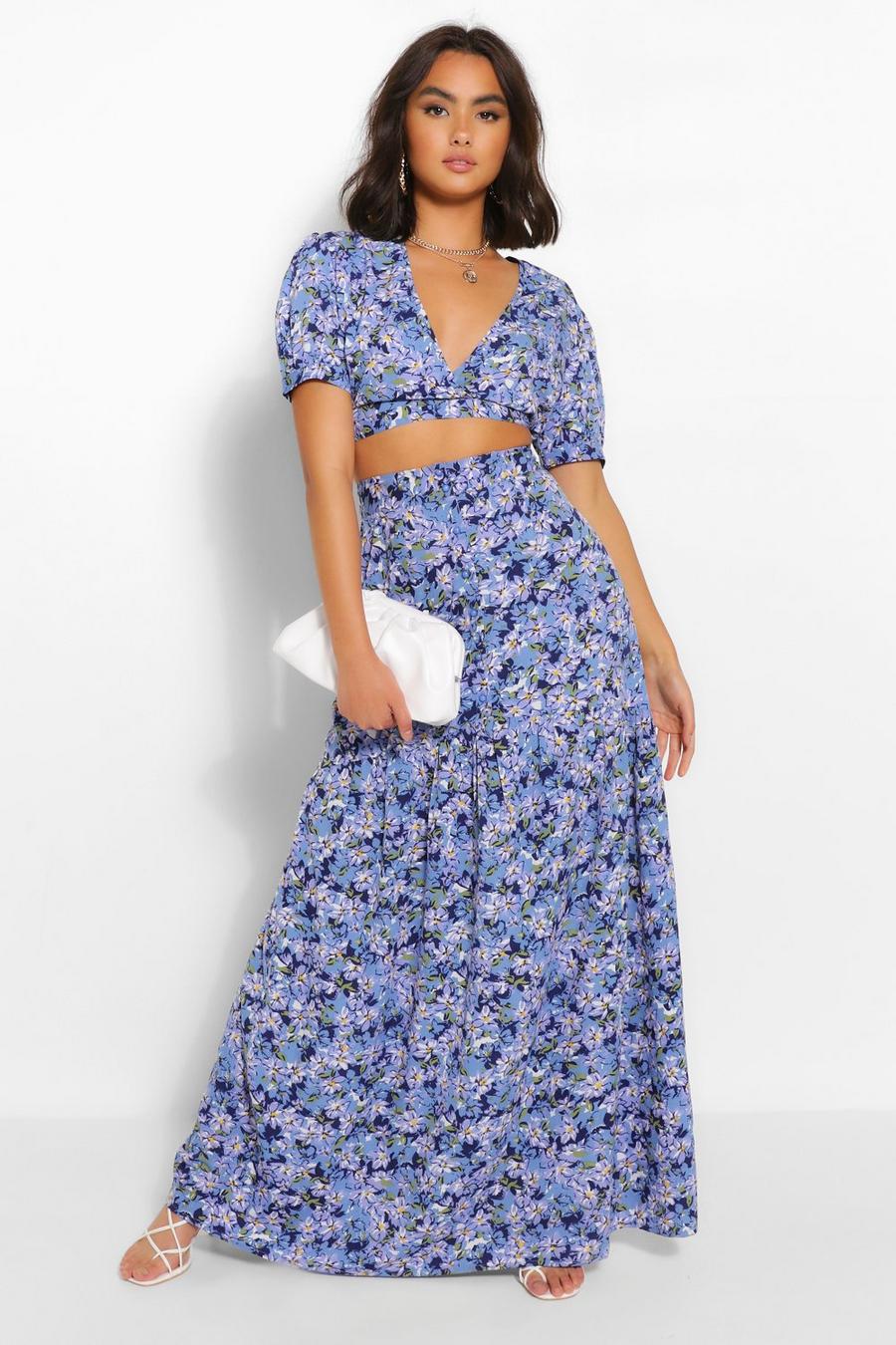 Conjunto de falda maxi y top corto floral, Azul image number 1