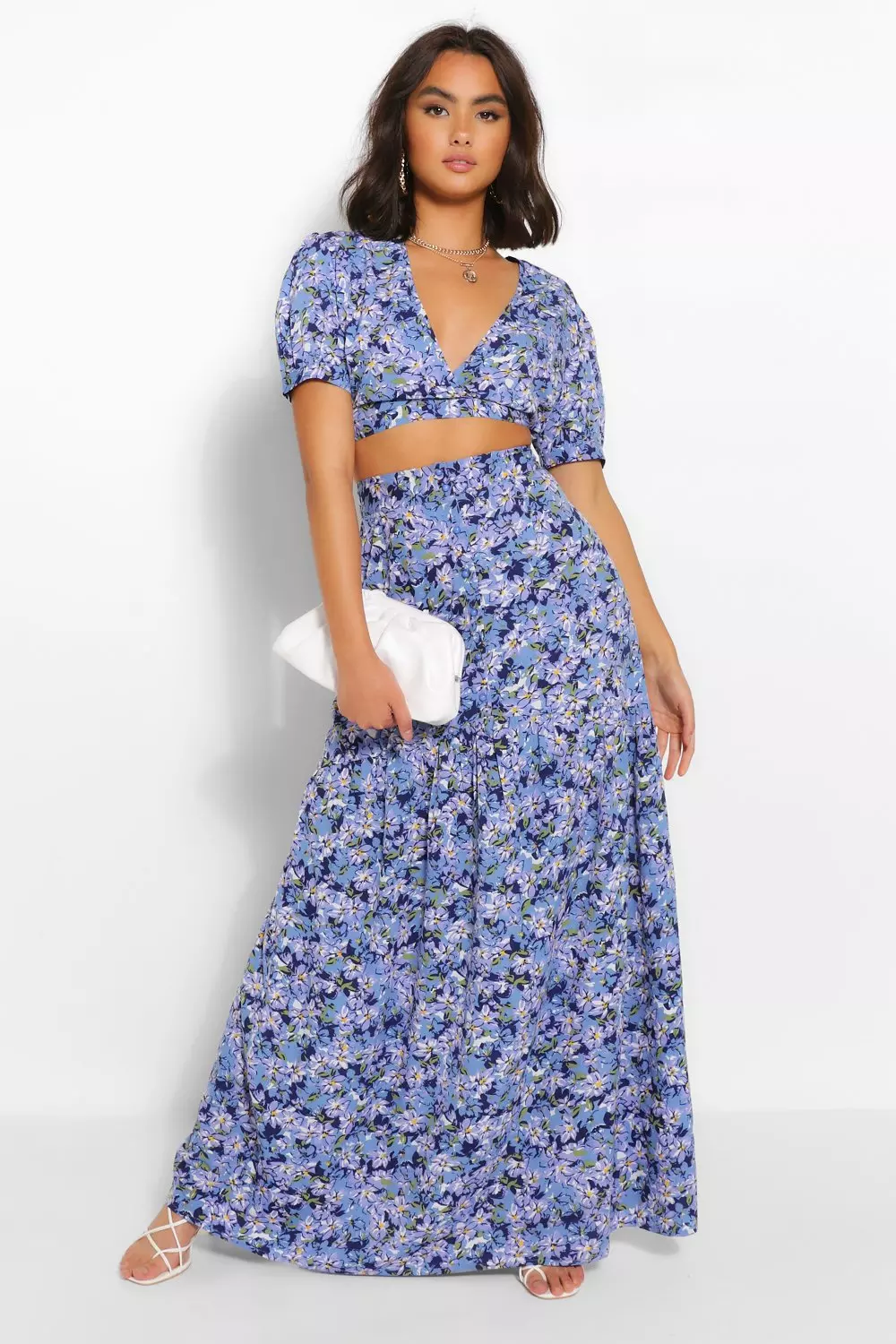 Floral crop top and long skirt sale