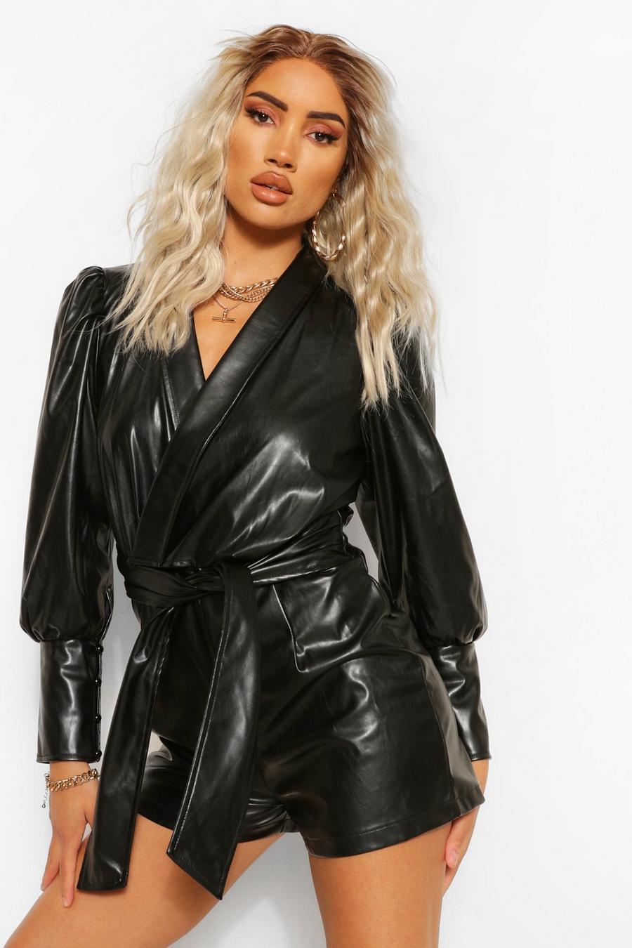 Black Faux Leather Pu Wrap Belted Playsuit image number 1