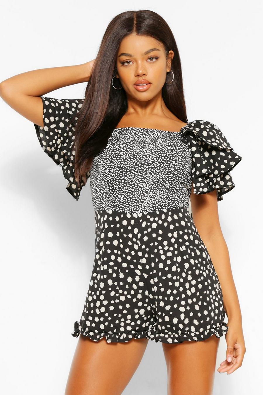 Black Mixed Spot Ruffle Sleeve Romper image number 1