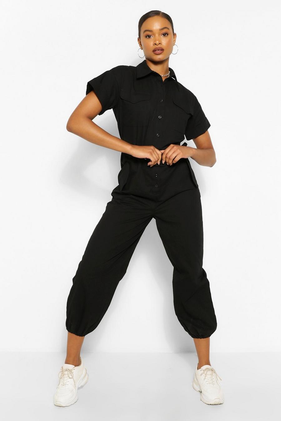Black Woven Turn Up Cuff Belted Jumpsuit image number 1
