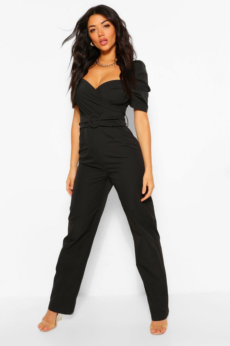 Black Woven Puff Sleeve Sweetheart Belted Jumpsuit image number 1