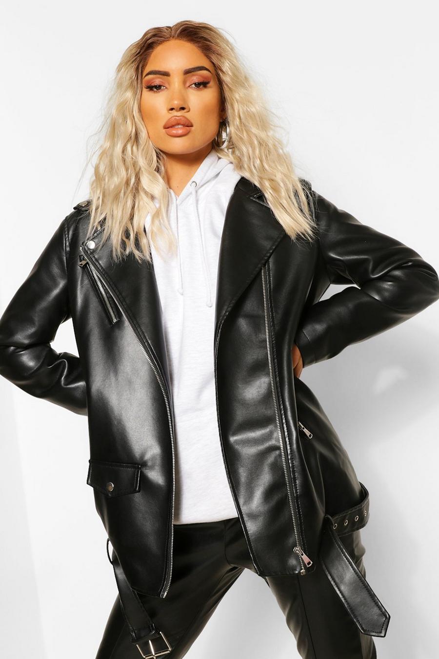 Black Oversized Longline Faux Leather Jacket image number 1