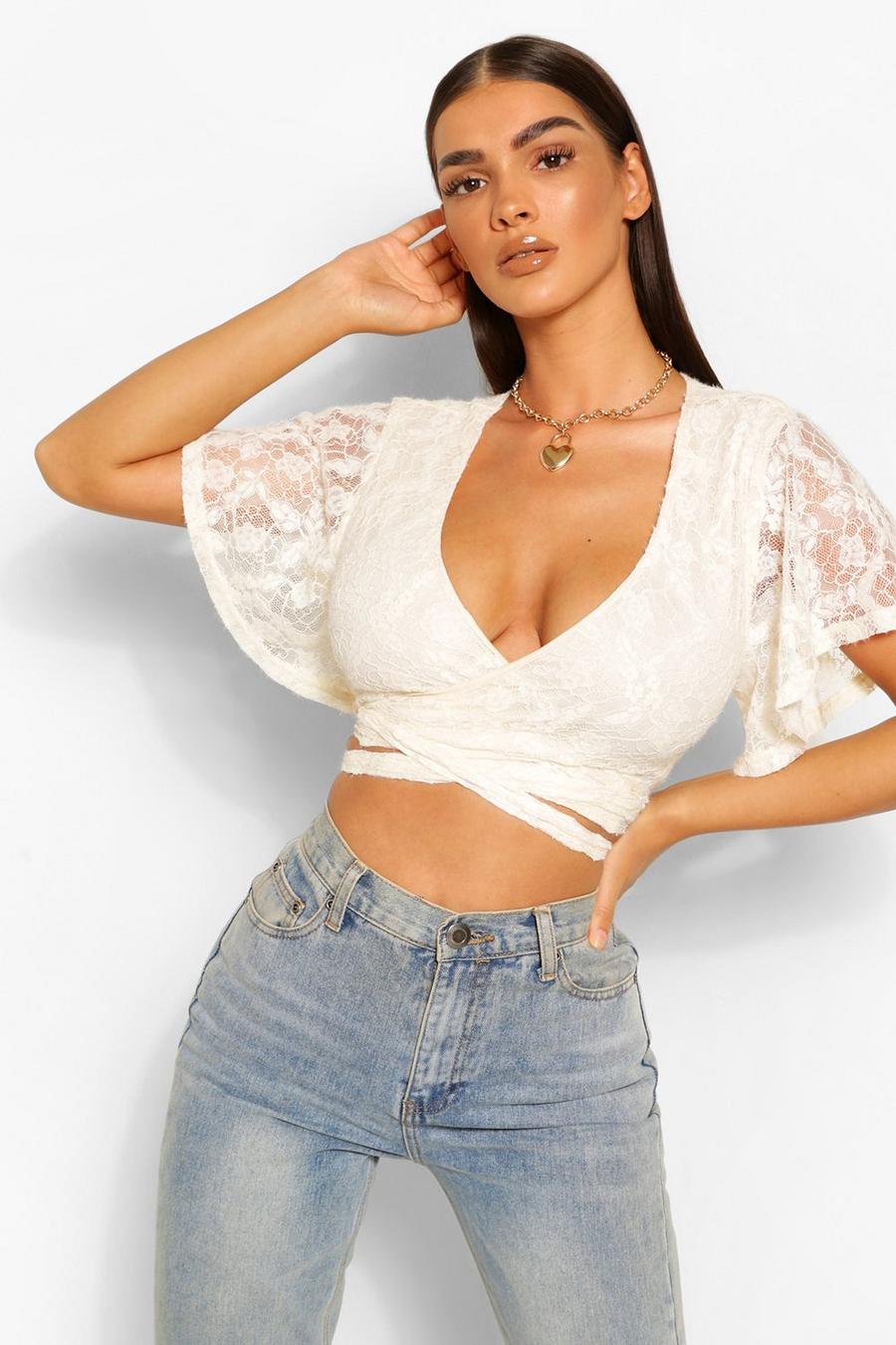 Cream Lace Angel Sleeve Wrap Crop Top image number 1