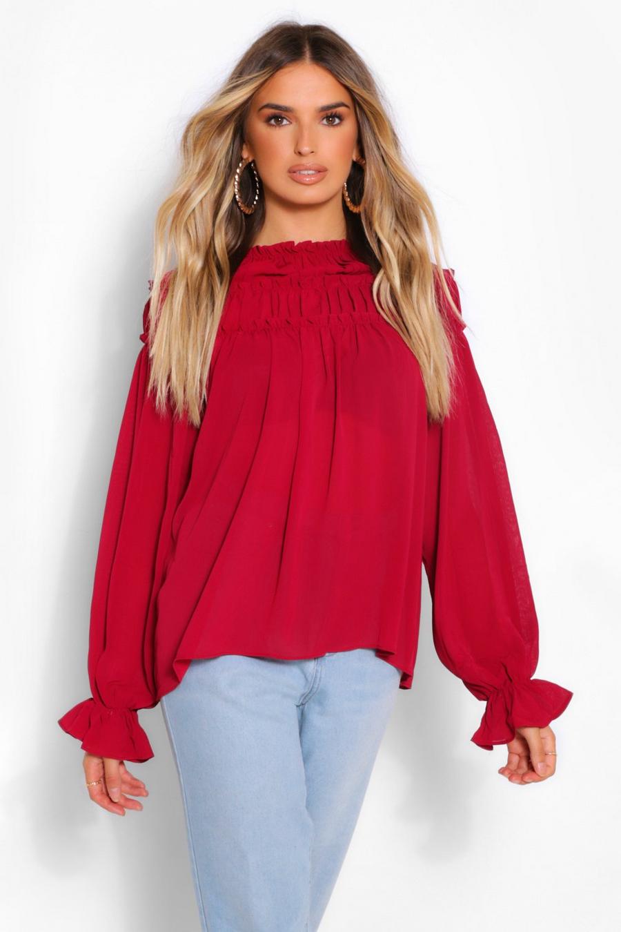 Berry Woven Ruffle High Neck Blouse image number 1