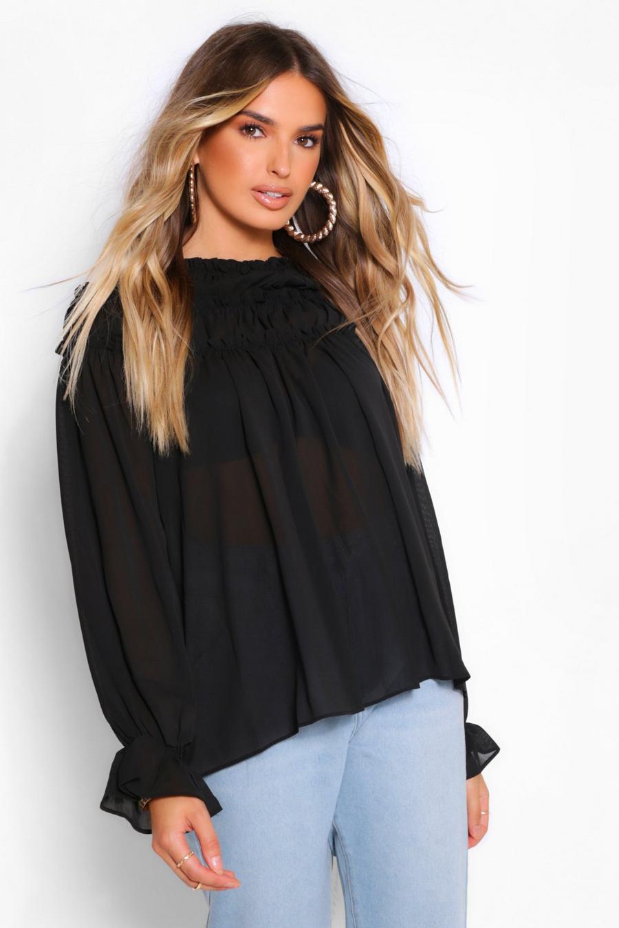 Black Woven Ruffle High Neck Blouse image number 1