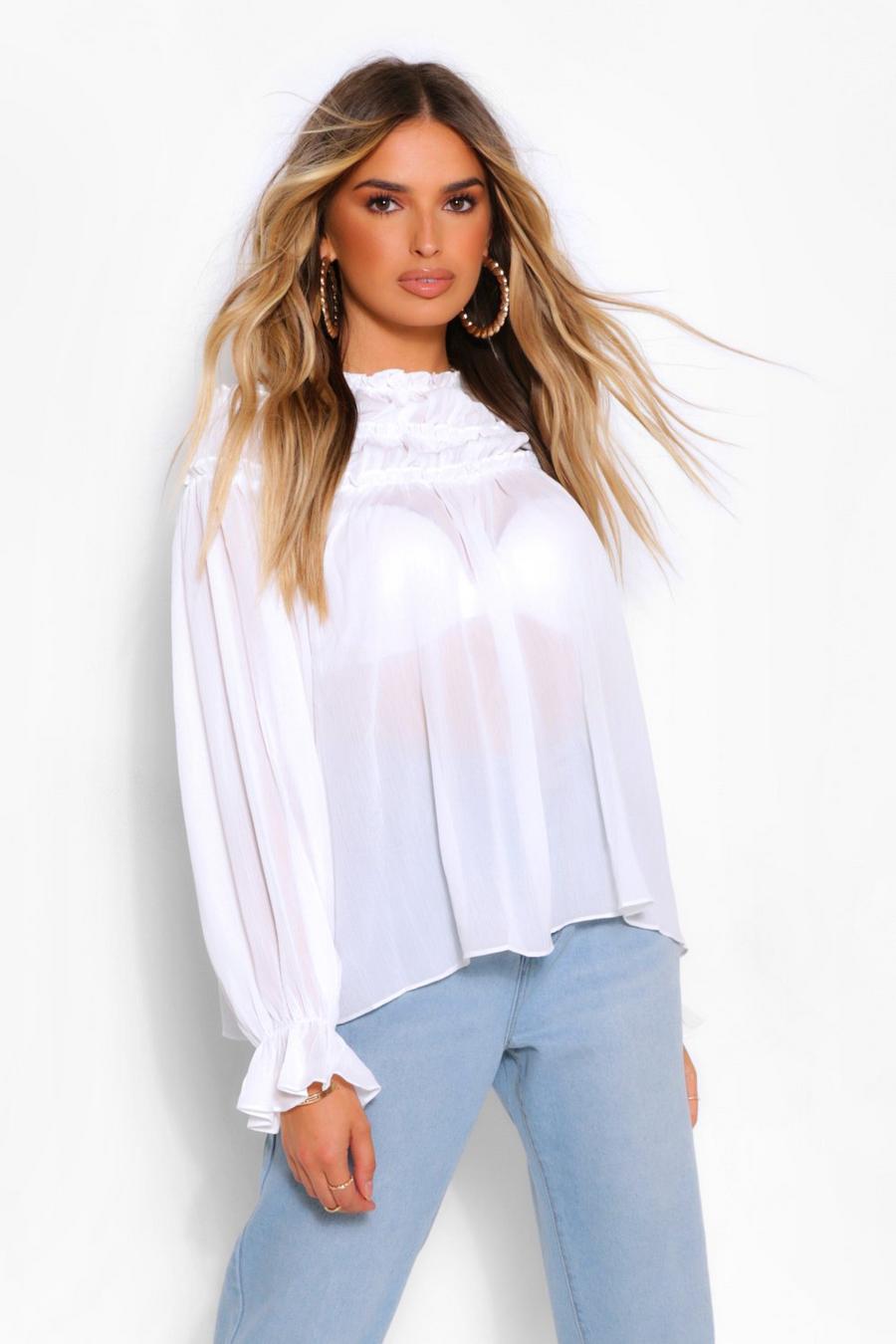 Ivory Woven Ruffle High Neck Blouse image number 1