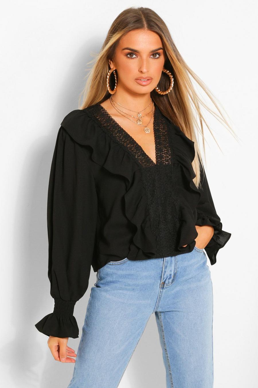 Black Woven Ruffle Lace Trim Blouse image number 1