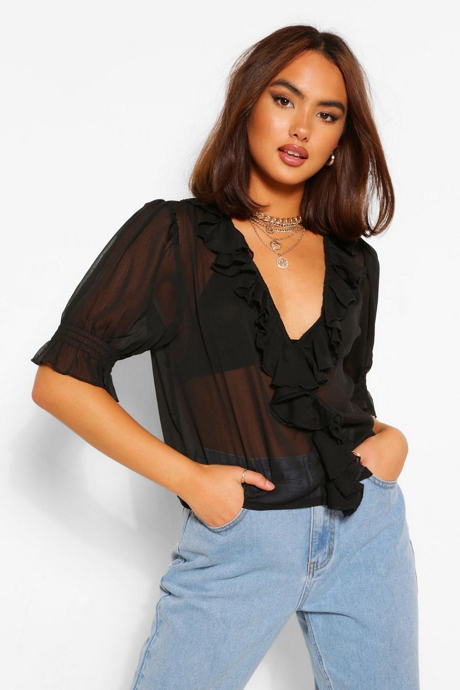 Woven Ruffle Puff Sleeve Blouse image number 1